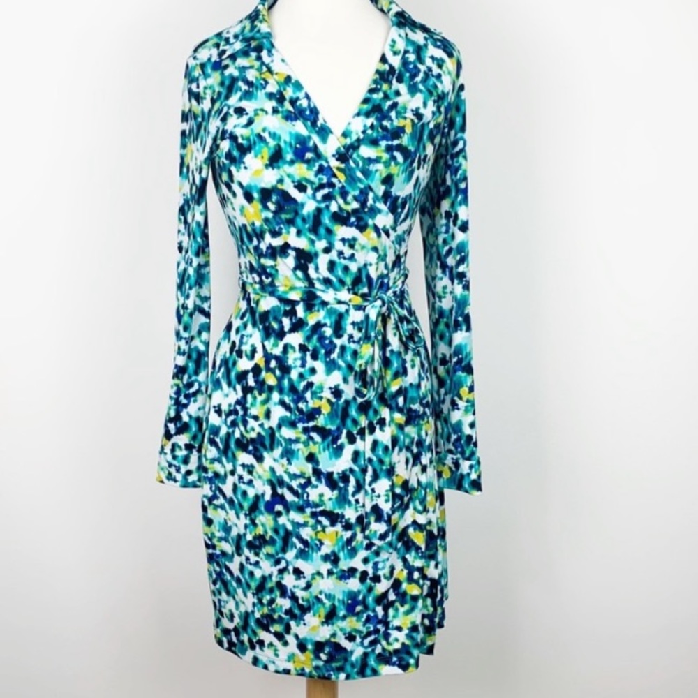 Calvin Klein green multi full wrap stretch jersey long sleeve dress size 8